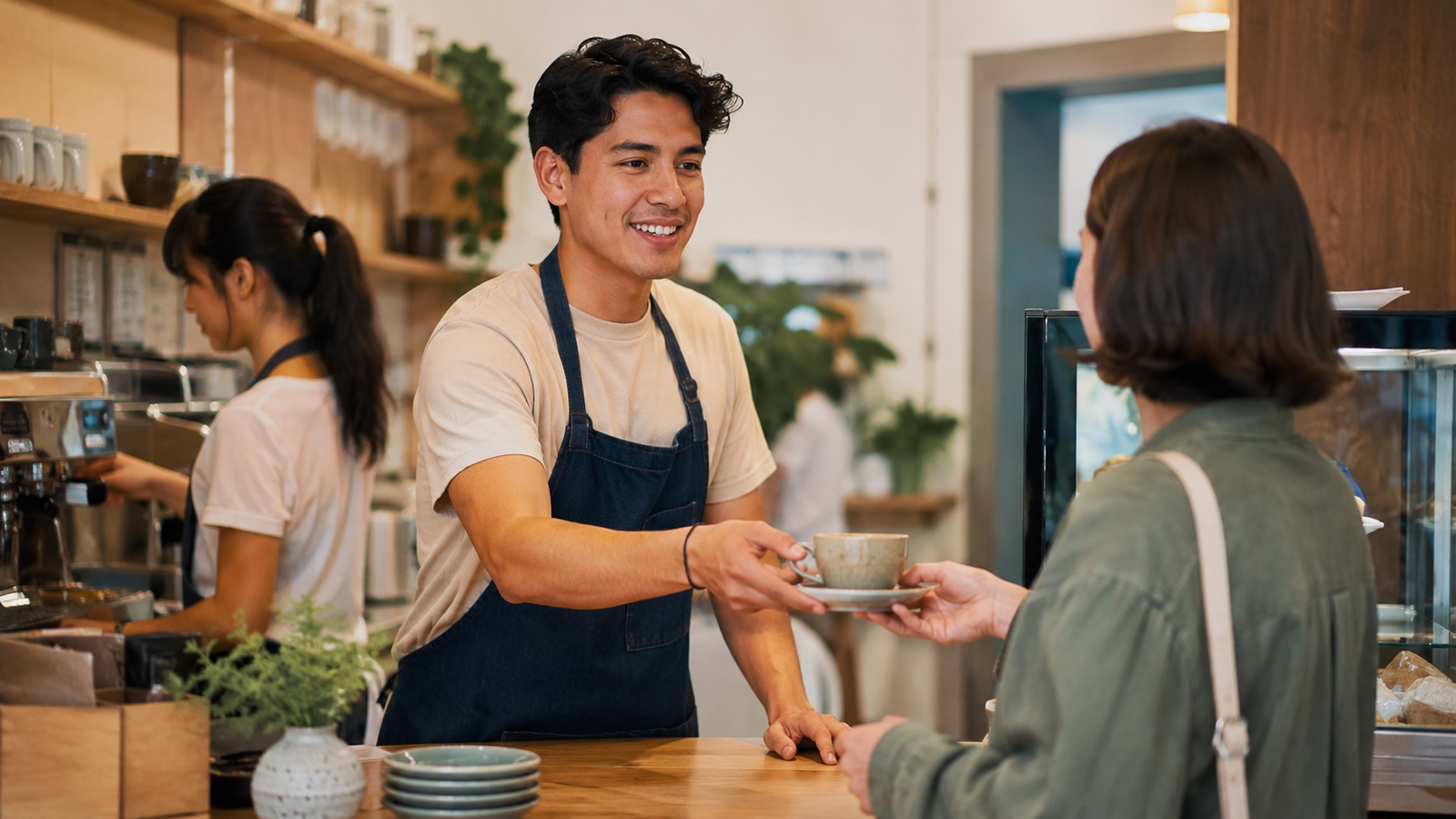 estudiante-internacional-trabajando-australia. Estudiante internacional trabajando a tiempo parcial en una cafetería de Australia.