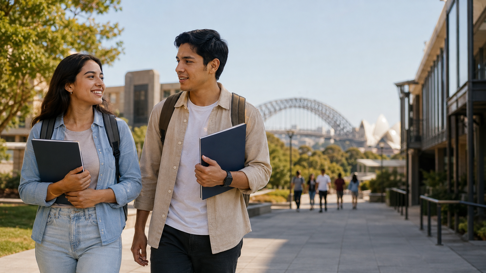 Estudiantes latinoamericanos caminando por un campus universitario en Sídney, Australia